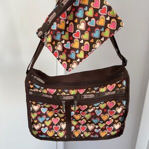 Y2K LeSportsac Brown Colorful Allocer Heart Print Crossbody Bag & Zipper Pouch